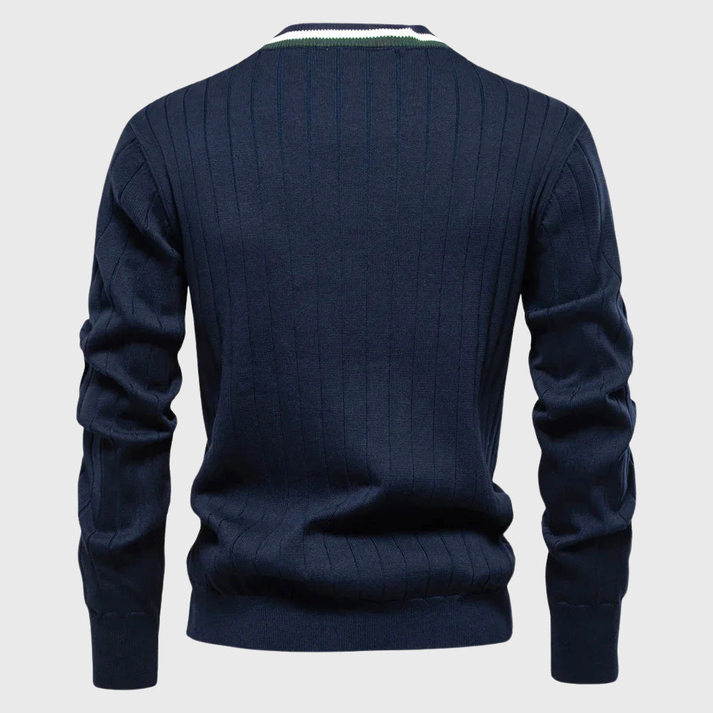 Julian - Men's Cotton Stripe-Trim V-Neck Cardigan
