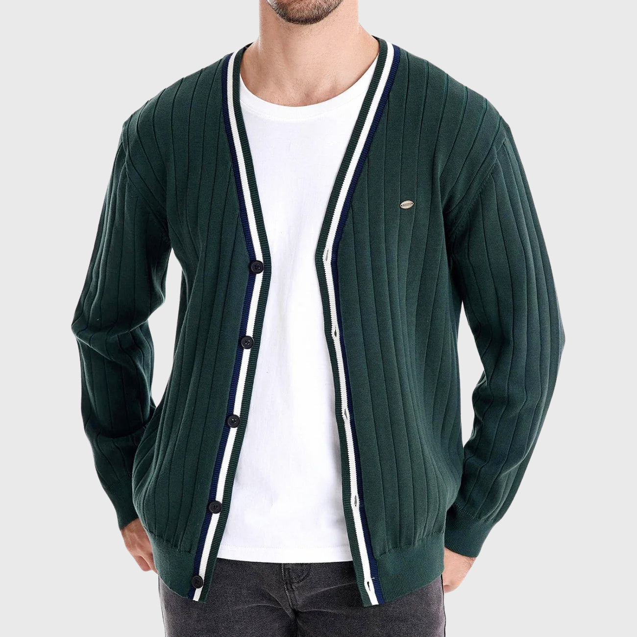 Julian - Men's Cotton Stripe-Trim V-Neck Cardigan