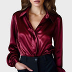 Kaiya - Women's Tailored Satin Long Sleeve Blouse