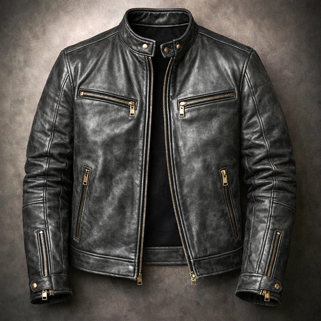 Keaton - Men's Distressed Leather Jacket with Gold Zippers