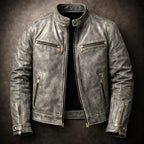 Keaton - Men's Distressed Leather Jacket with Gold Zippers