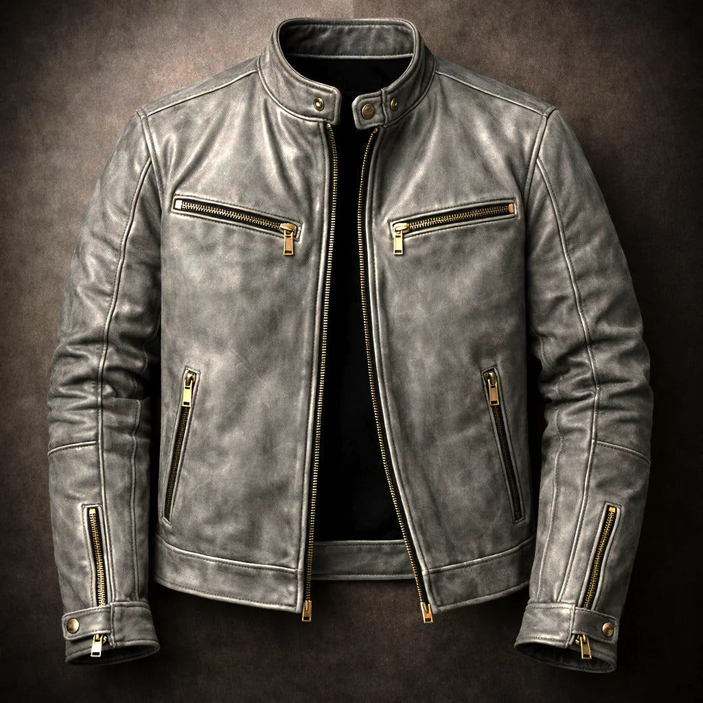 Keaton - Men's Distressed Leather Jacket with Gold Zippers