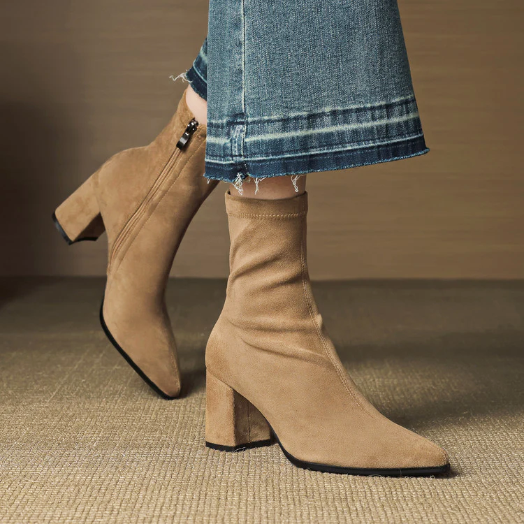 Mara - Women's Genuine Leather Suede Block Heel Ankle Boots