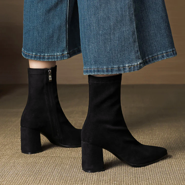 Mara - Women's Genuine Leather Suede Block Heel Ankle Boots