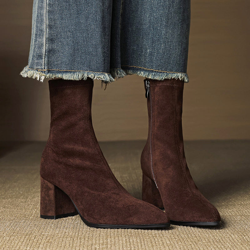 Mara - Women's Genuine Leather Suede Block Heel Ankle Boots