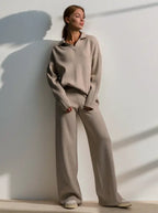 Margot - Women's Collared Oversized Pullover & Relaxed Wide-Leg Trousers Set