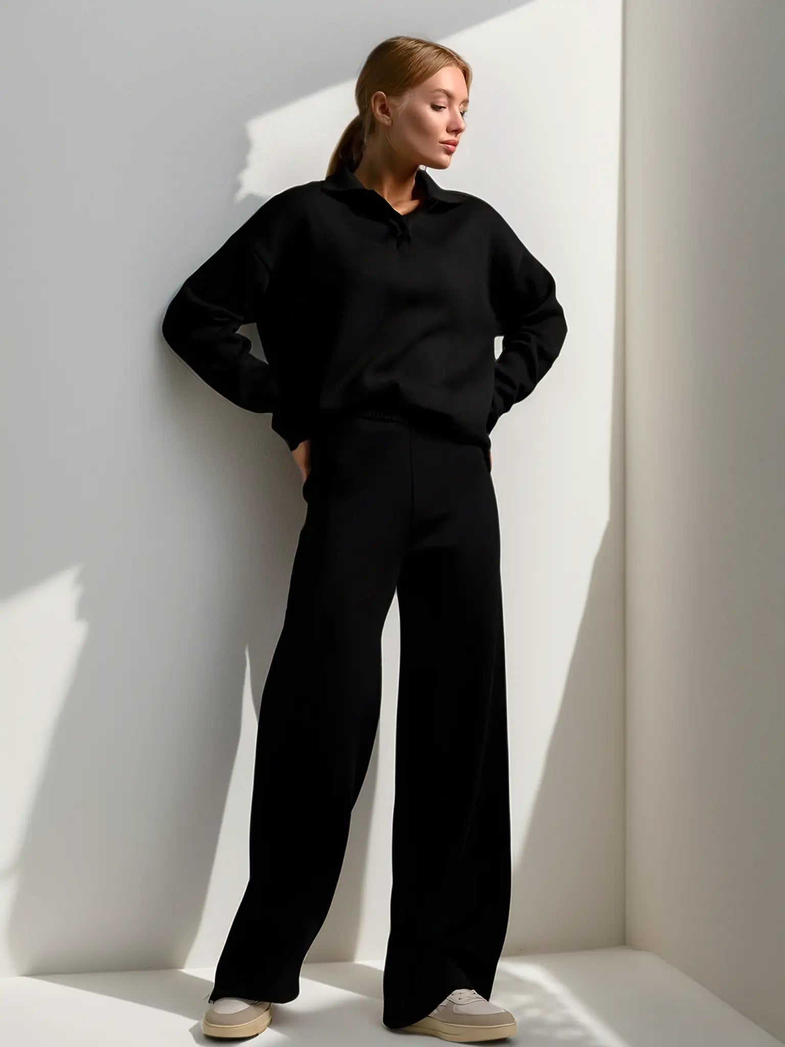 Margot - Women's Collared Oversized Pullover & Relaxed Wide-Leg Trousers Set