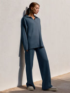 Margot - Women's Collared Oversized Pullover & Relaxed Wide-Leg Trousers Set
