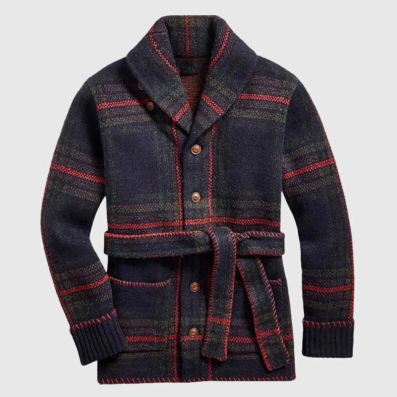 Matthew - Men's Plaid Belted Shawl Collar Cardigan