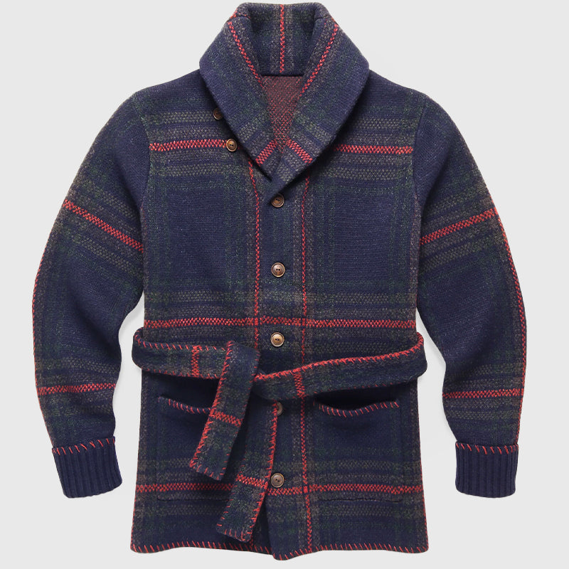 Matthew - Men's Plaid Belted Shawl Collar Cardigan