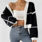 Megan - Women's Plaid Ribbed Knit Open-Front Cardigan