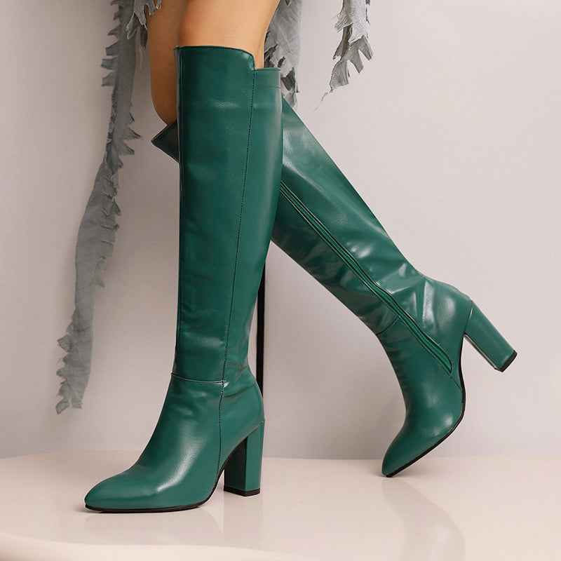 Nadia - Women's Leather Knee High Block Heel Boots