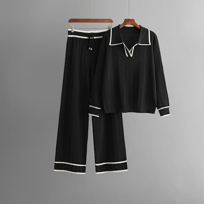 Nica - Women's Collared Knit Sweater & Wide-Leg Pants Set