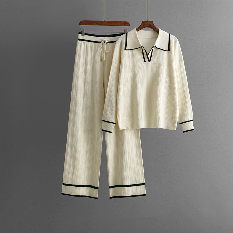 Nica - Women's Collared Knit Sweater & Wide-Leg Pants Set
