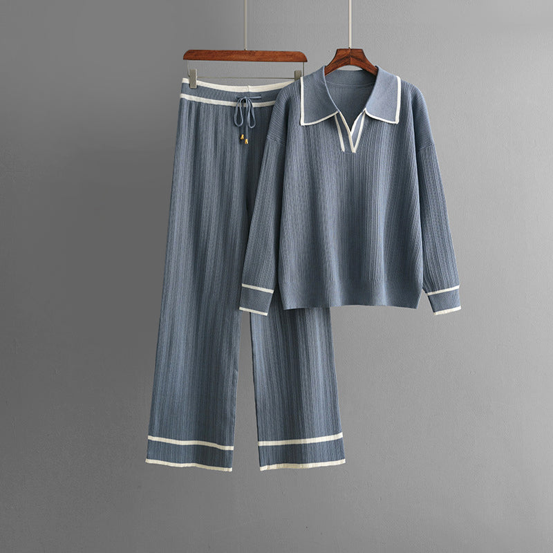 Nica - Women's Collared Knit Sweater & Wide-Leg Pants Set