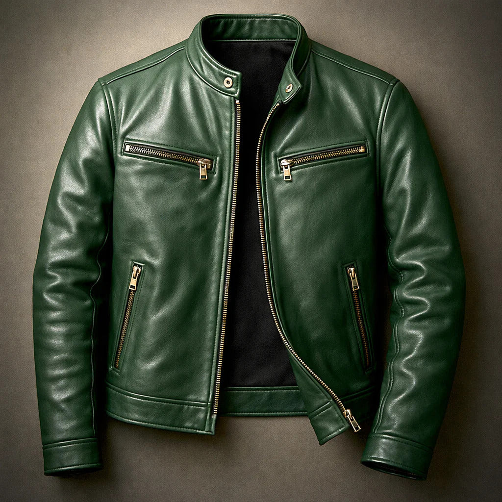Orion - Men's Vintage Leather Jacket with Front Zip and Chest Pockets