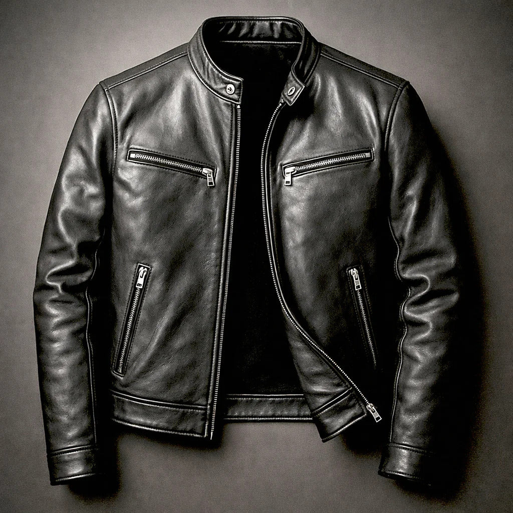 Orion - Men's Vintage Leather Jacket with Front Zip and Chest Pockets