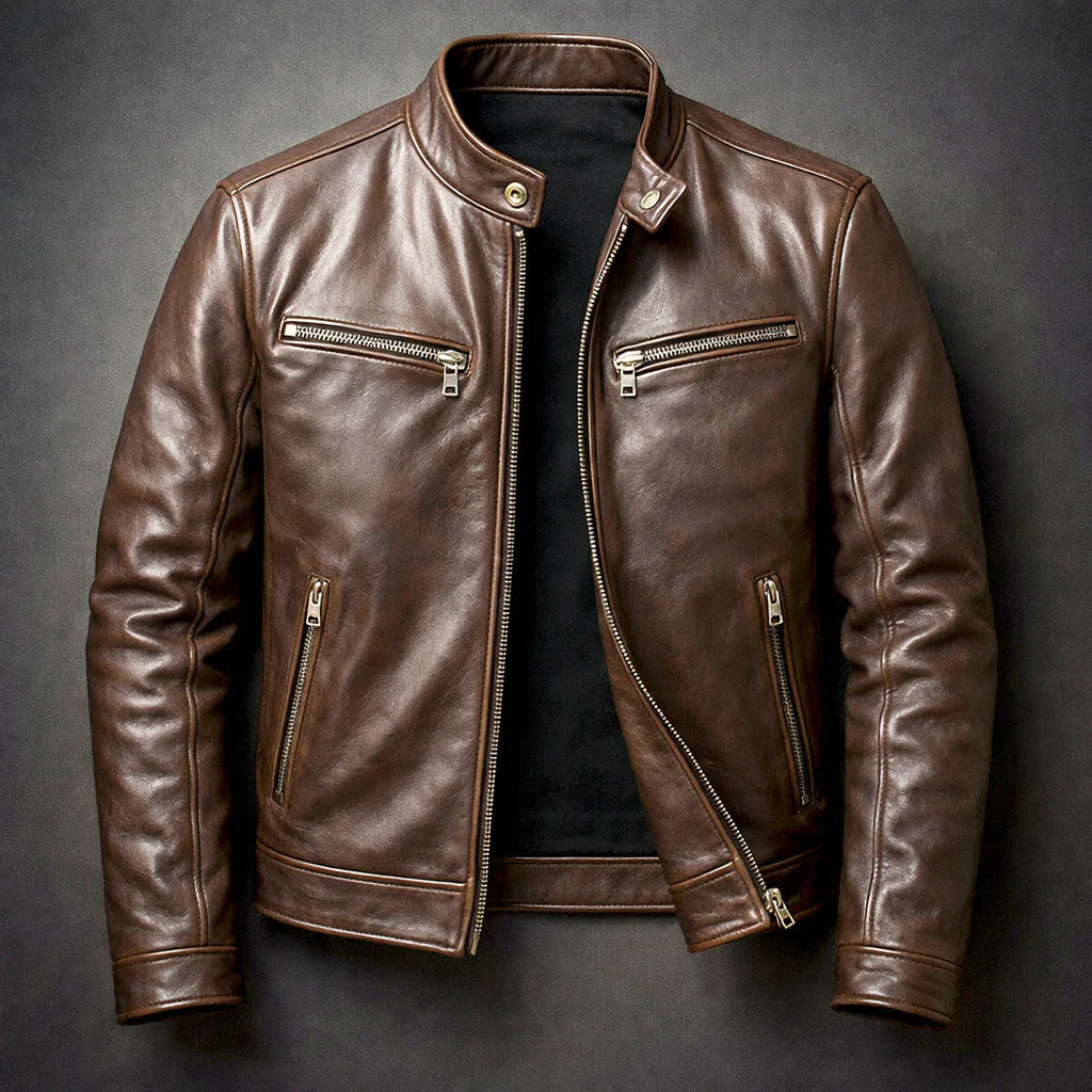 Orion - Men's Vintage Leather Jacket with Front Zip and Chest Pockets