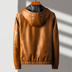 Brennan - Men's Hooded Zip Leather Jacket with Ribbed Cuffs