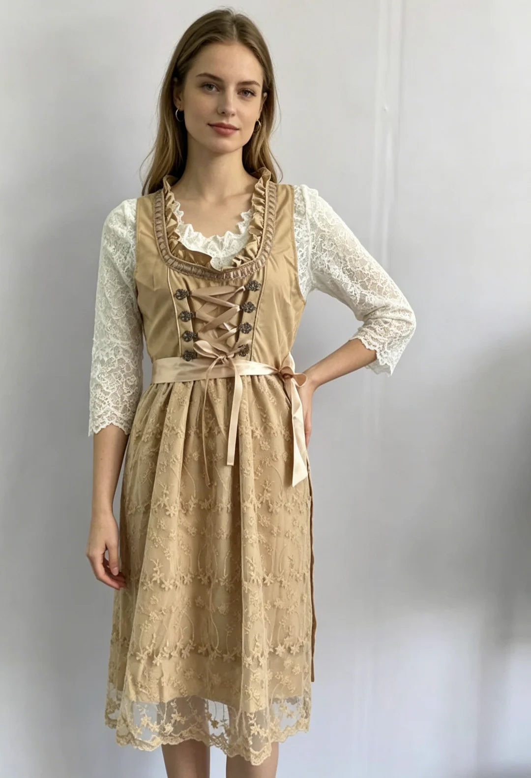 Rosalie - Women's Lace-Up Corset Dirndl Dress with Floral Skirt and Lace Sleeves