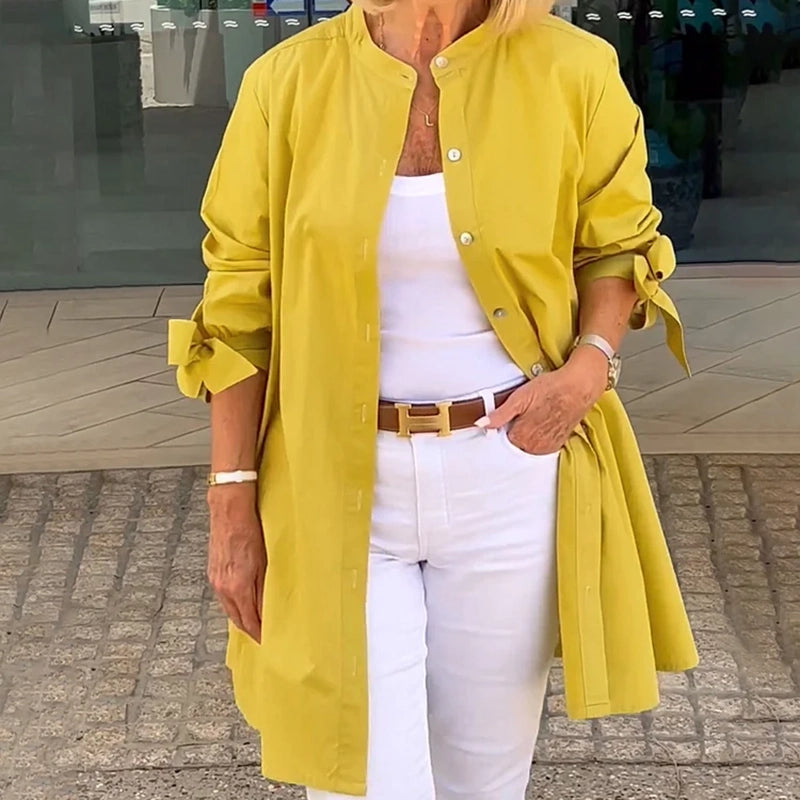 Tina - Women's Button-Front Flared Shirt Jacket with Sleeve Knots