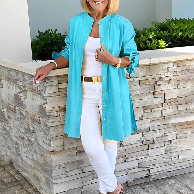 Tina - Women's Button-Front Flared Shirt Jacket with Sleeve Knots