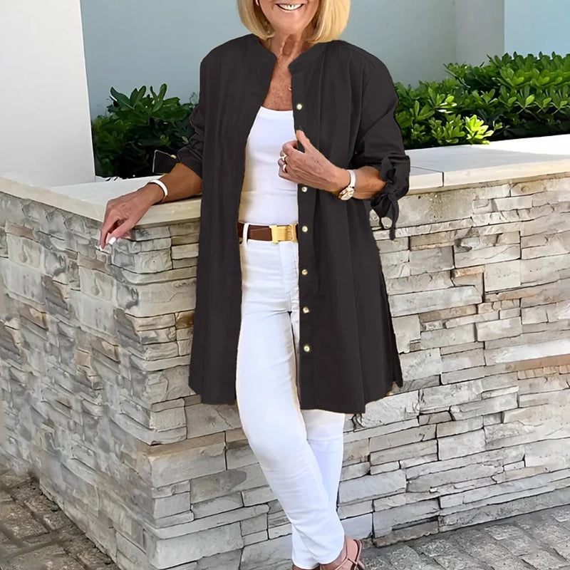 Tina - Women's Button-Front Flared Shirt Jacket with Sleeve Knots