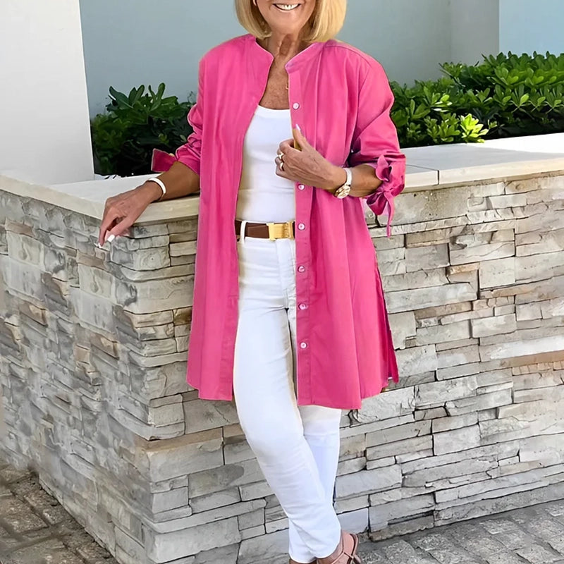 Tina - Women's Button-Front Flared Shirt Jacket with Sleeve Knots