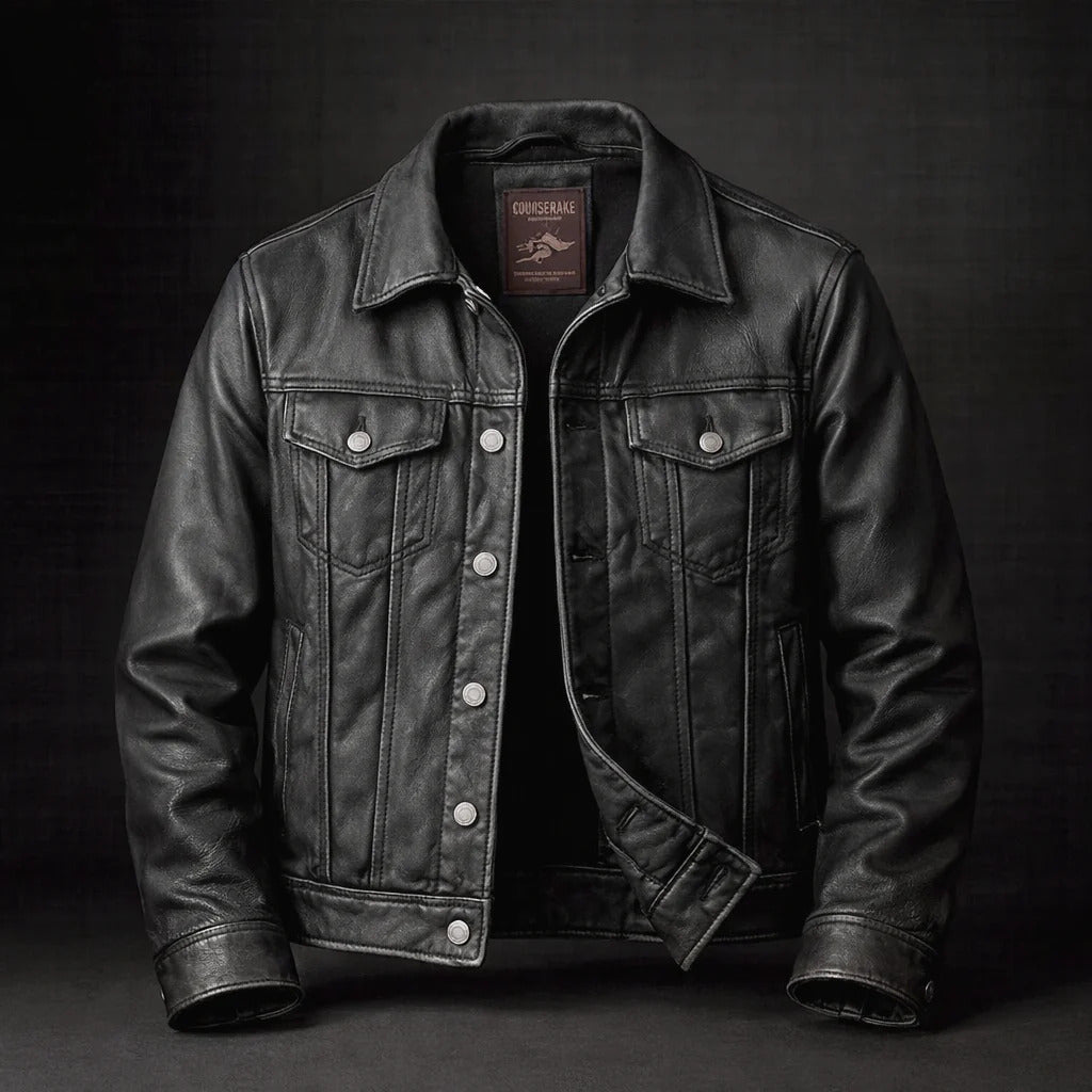 Tristan - Men's Chest-Pocket Leather Jacket with Snap Closure