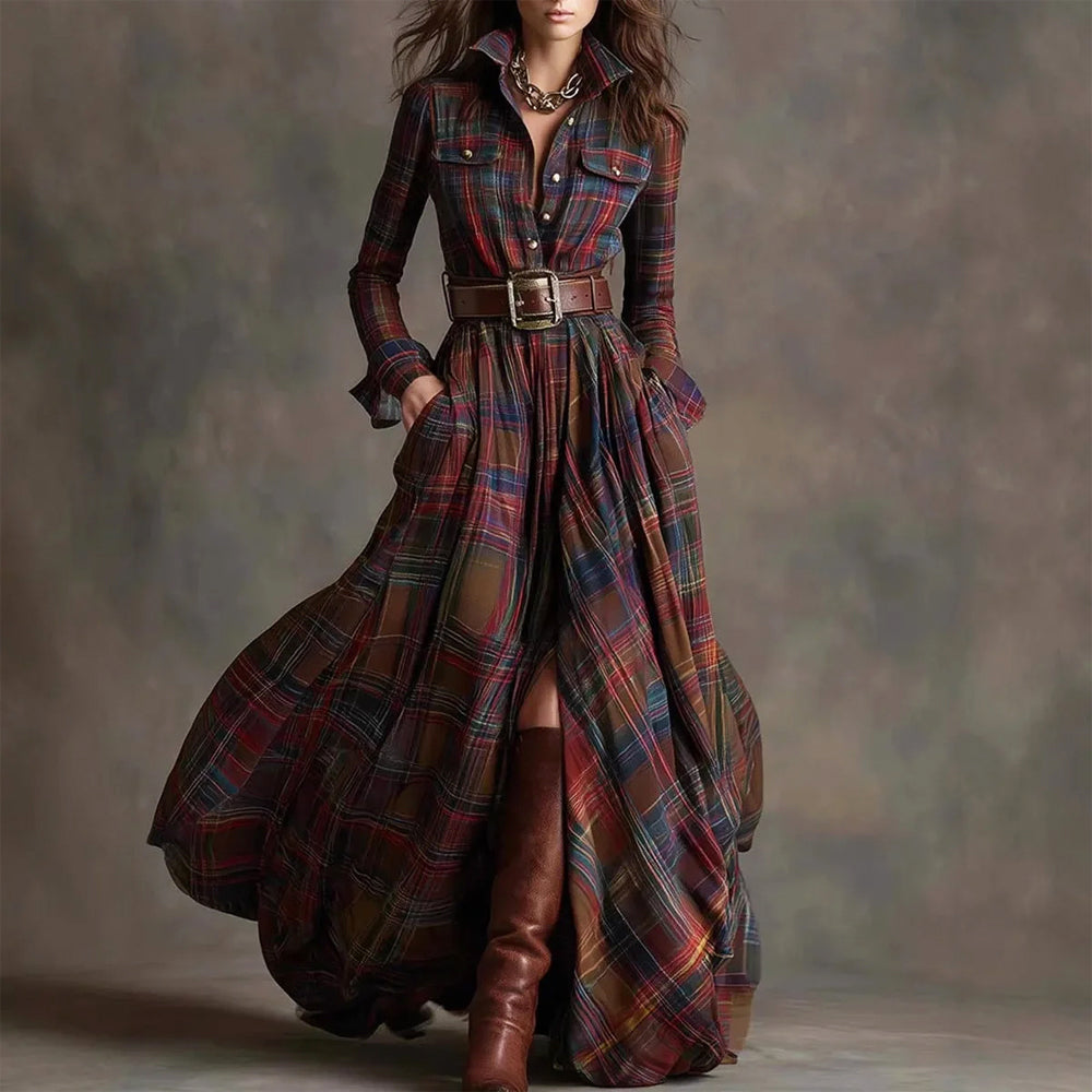 Valerie - Women's Plaid Button-Down Maxi Shirt Dress