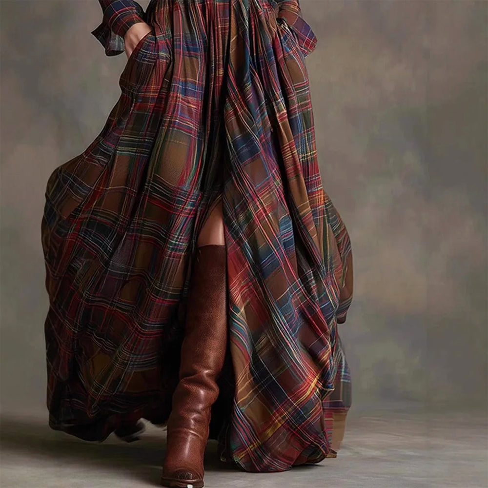 Valerie - Women's Plaid Button-Down Maxi Shirt Dress