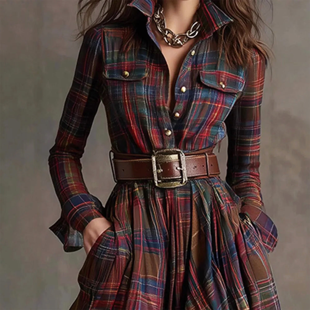 Valerie - Women's Plaid Button-Down Maxi Shirt Dress