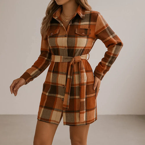 Amelia - Women's Plaid Shirt Dress with Tie Waist