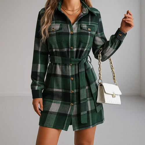 Amelia - Women's Plaid Shirt Dress with Tie Waist