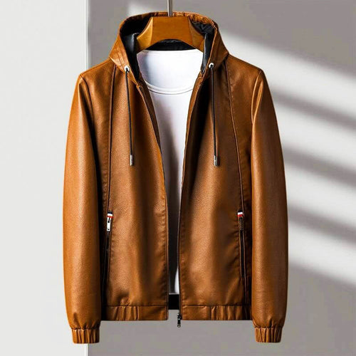Brennan - Men's Hooded Zip Leather Jacket with Ribbed Cuffs