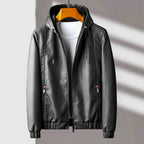 Brennan - Men's Hooded Zip Leather Jacket with Ribbed Cuffs