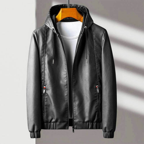 Brennan - Men's Hooded Zip Leather Jacket with Ribbed Cuffs