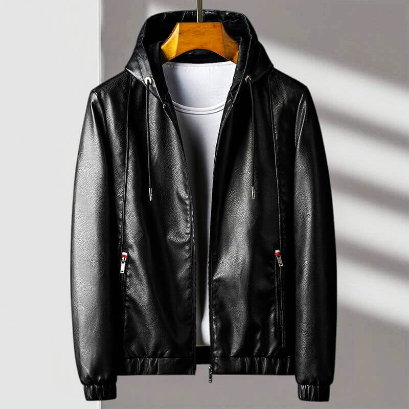 Brennan - Men's Hooded Zip Leather Jacket with Ribbed Cuffs