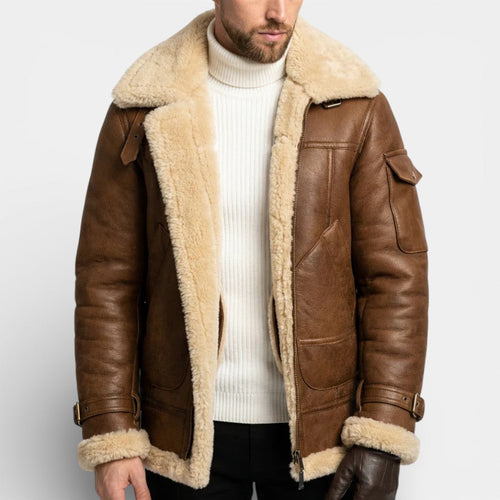 Casper - Men's Shearling-Lined Leather Jacket with Full-Zip Front