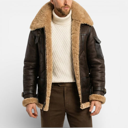 Casper - Men's Shearling-Lined Leather Jacket with Full-Zip Front