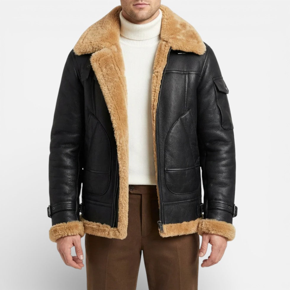 Casper - Men's Shearling-Lined Leather Jacket with Full-Zip Front