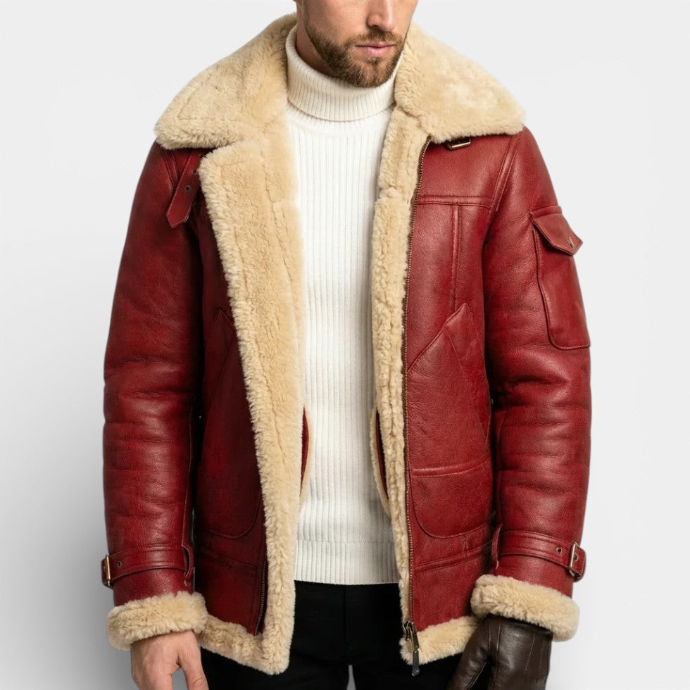 Casper - Men's Shearling-Lined Leather Jacket with Full-Zip Front