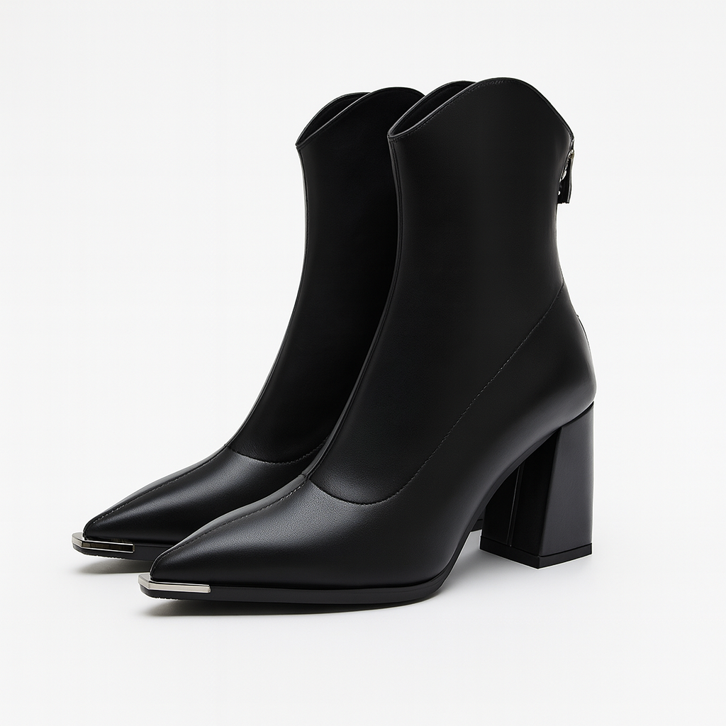 Cecilia - Women's Metal Toe Cap Block Heel Ankle Boots