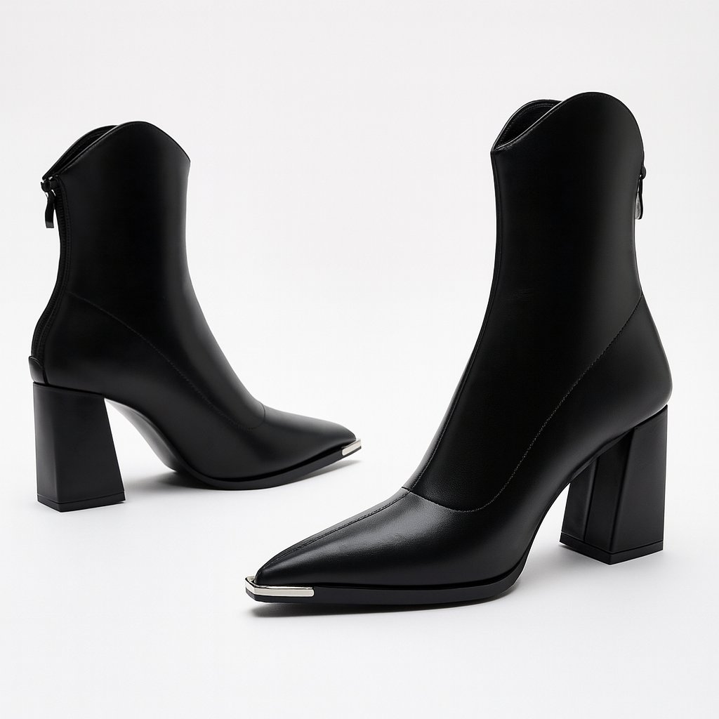 Cecilia - Women's Metal Toe Cap Block Heel Ankle Boots