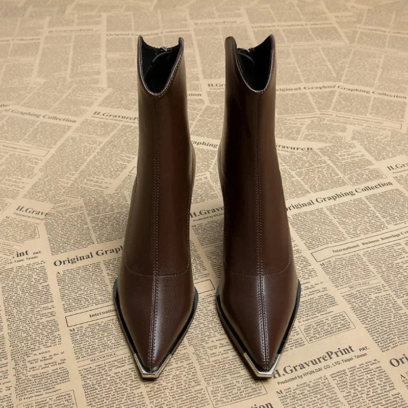 Cecilia - Women's Metal Toe Cap Block Heel Ankle Boots