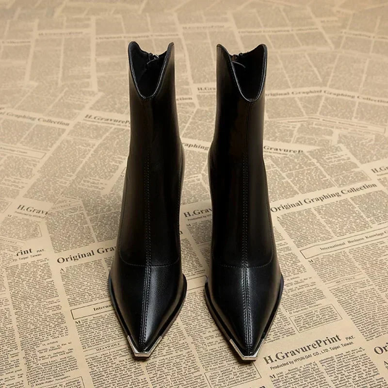 Cecilia - Women's Metal Toe Cap Block Heel Ankle Boots