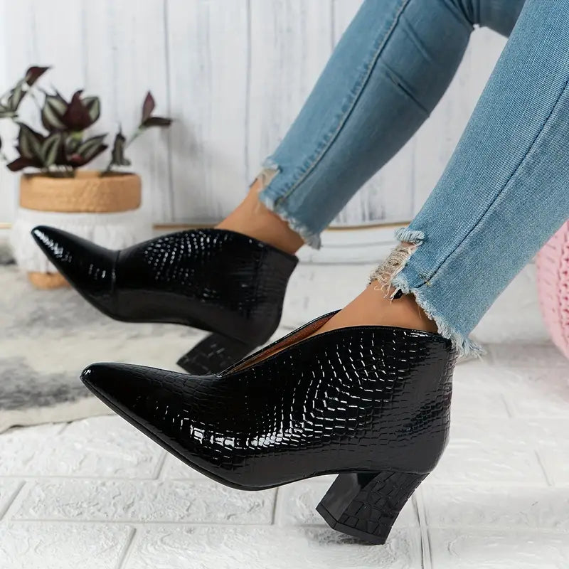 Cecilia - Women's Textured Ankle Boots with Pointed Toe and Block Heel