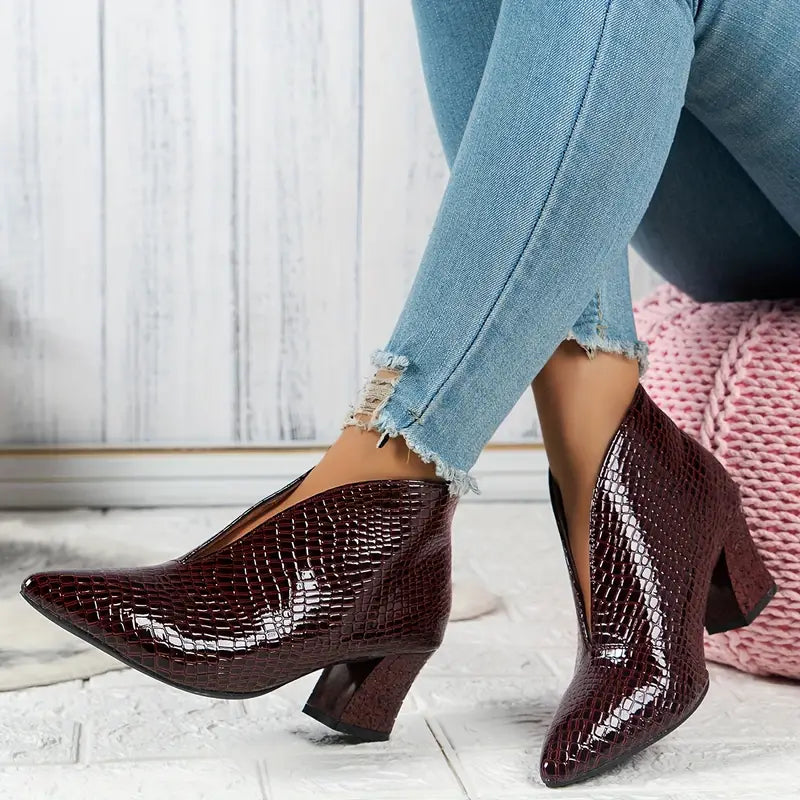 Cecilia - Women's Textured Ankle Boots with Pointed Toe and Block Heel