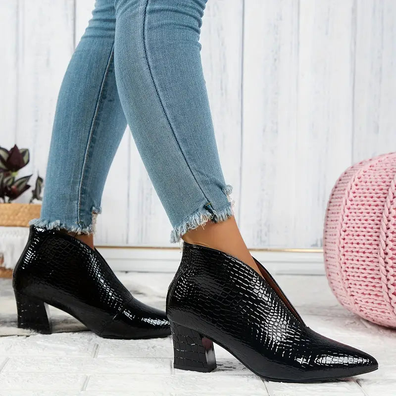 Cecilia - Women's Textured Ankle Boots with Pointed Toe and Block Heel