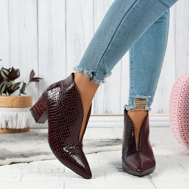 Cecilia - Women's Textured Ankle Boots with Pointed Toe and Block Heel